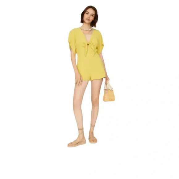 Louna Mustard Tie Romper Yellow Women’s Short Sleeve V-neck Size S - Picture 1 of 11